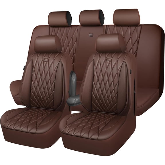 RoveNova Piping Luxury Faux Leather Seat Covers Full Set, 5 Seats Anti-Slip Waterproof Seat Covers Compatible with Front Armrests, Universal Fit for Suvs,Vans,Trucks,Airbag Compatible, Pure Brown