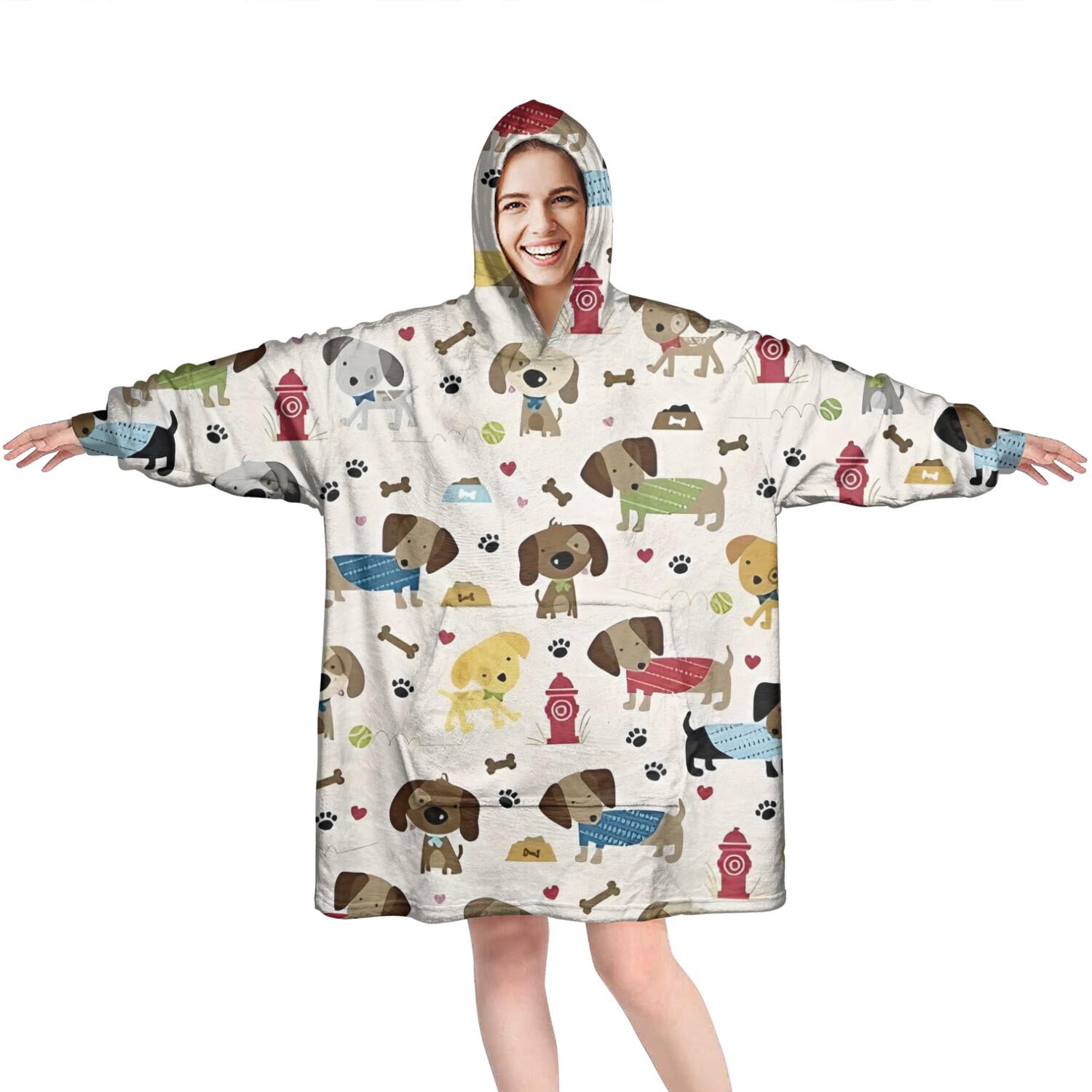Rover Cream Dogs Bone Wearable Oversized Blanket,Wearable Blanket Hoodie for Adults,Cozy Hooded Blankets with Super Pockets,Super Warm Fuzzy Pullover for Women & Men