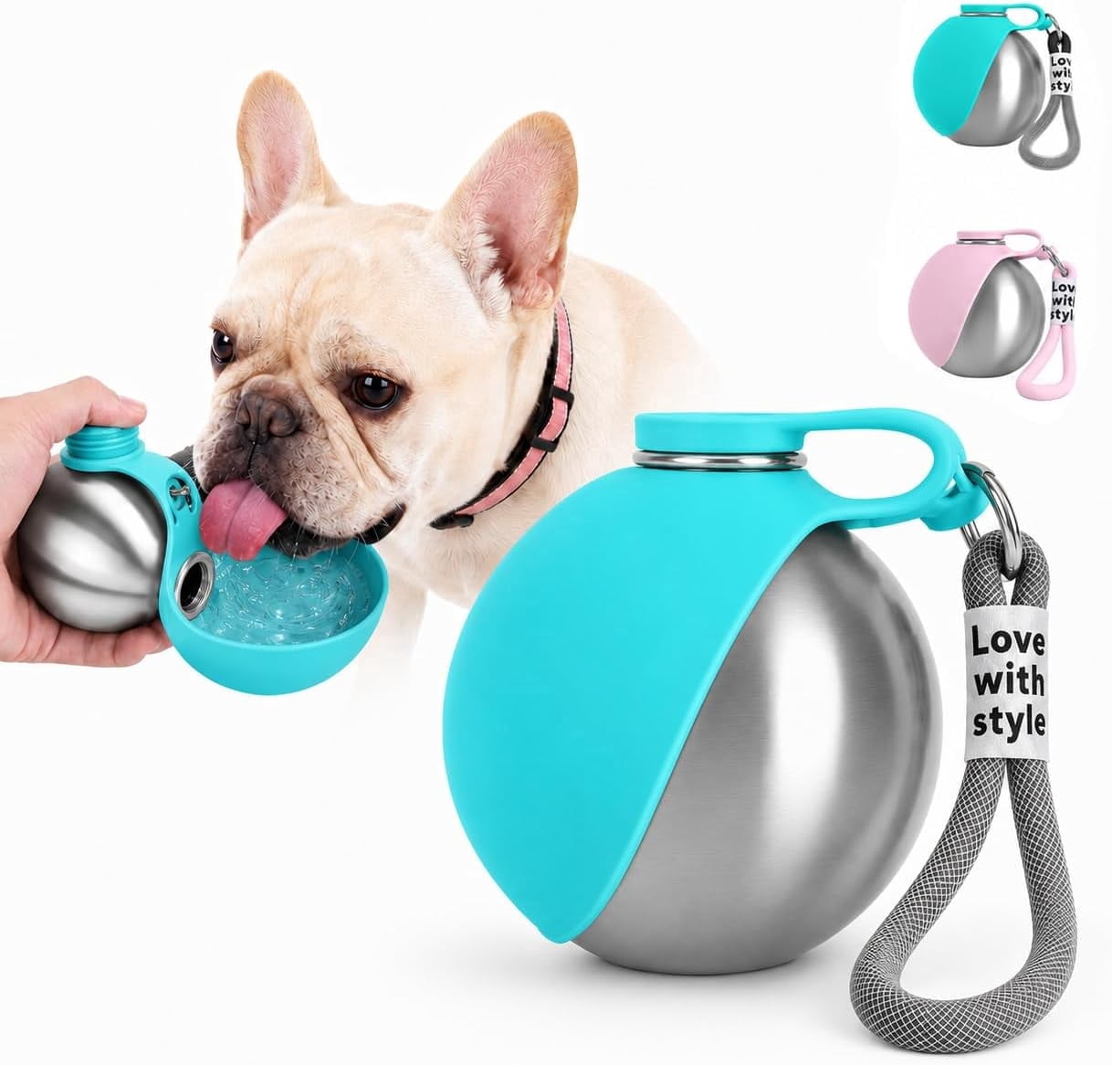 Pawsipus Dog Water Bottle, 10 oz Portable Pawsip Stainless Steel Travel Bottle with Foldable Silicone Bowl, Leak-Proof