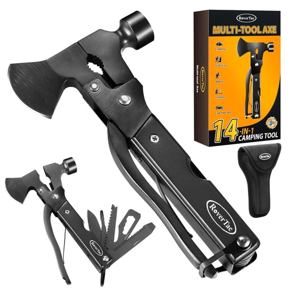 RoverTac 14-in-1 Multitool Camping Axe  Multi Tool with Knife, Hammer, Saw, Screwdrivers, Bottle Opener  Camping Tool with Sheath  Tool Gifts for Men, Dad, Husband, and Outdoor Enthusiasts.