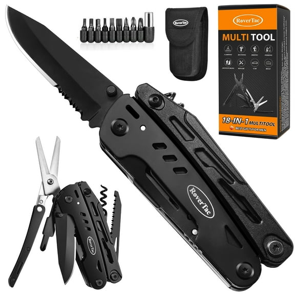 RoverTac Multitool Pocket Knife Camping Survival Knife Gifts for Men Dad Husband 18in 1 Multi Tool Knife Pliers Scissors Saw Corkscrew 9pcs Screwdrivers with Safety Lock And Nylon Sheath