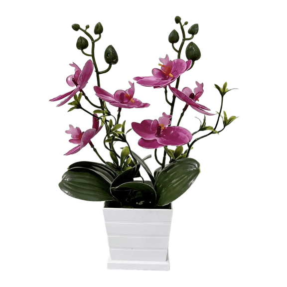 RoverTrail Artificial Silk Butterfly Orchid Plant with 2 Stems and 6 Blooms, 10.6 Inch Fake Phalaenopsis Flower in Pot for Home Office Tabletop Decor