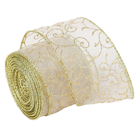 RoverTrail Glitter Wired Ribbon 2.5 Inch x 2 Meters, Sheer Organza Ribbon with Gold Swirl Pattern and Metallic Edge for Christmas Tree, Wedding Party, Gift Box Wrapping and Floral Bouquet Decorations