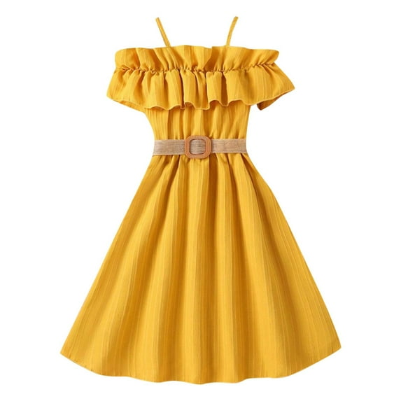 Rovga 11-12 Years Flower Girl Dress Toddler Summer Sleeveless Solid Color Princess Dress Dance Party With Belt Off Shoulder Sundress Fashion Dailywear Yellow