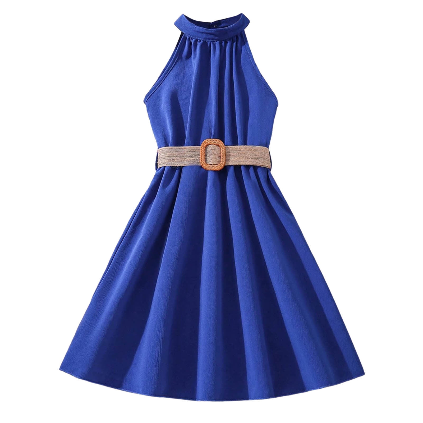 blue dresses for 11 year olds Rovga 11-12 Years Girls Spring Dress Solid Color Hanging Neck Waist Collection Dress Elegance Dailywear Dark sky blue Size:3T/4T Corset-Back Long Sweetheart Prom co-silver