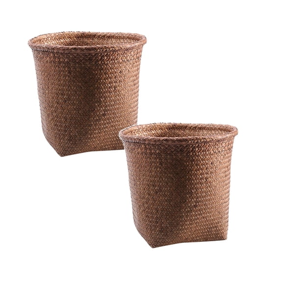 Rovga 2PCS Home Storage Basket Woven Waste Wastebasket Garbage Rattan Bedroom Bathroom Straw Kitchen Small Office Rubbish Cans