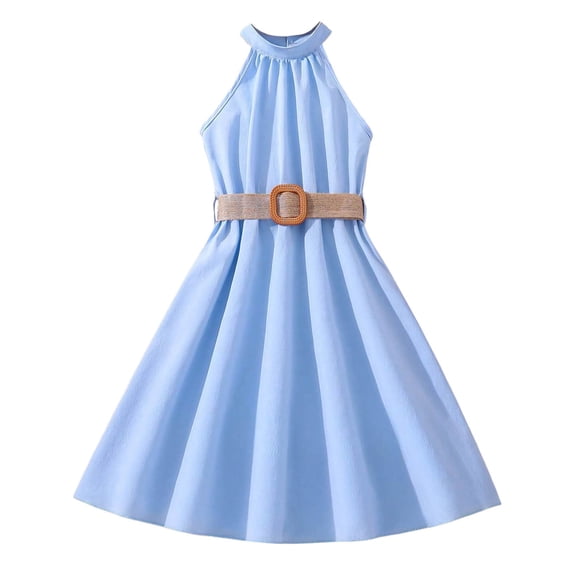 Rovga 8-9 Years Flower Girl Dresses Solid Color Hanging Neck Waist Collection Dress Lovely Playsuit Light Blue