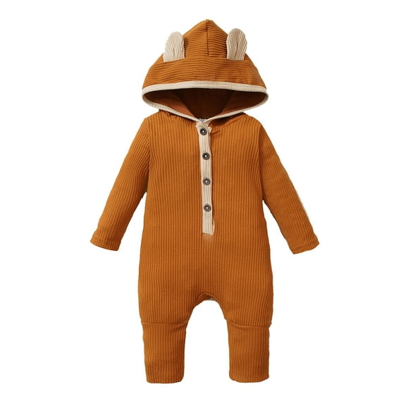 Rovga Baby Boys Clothes 9-12 Months Long Sleeve Ribbed Solid Color Button Romper Bodysuits Soft Daily Wear Brown