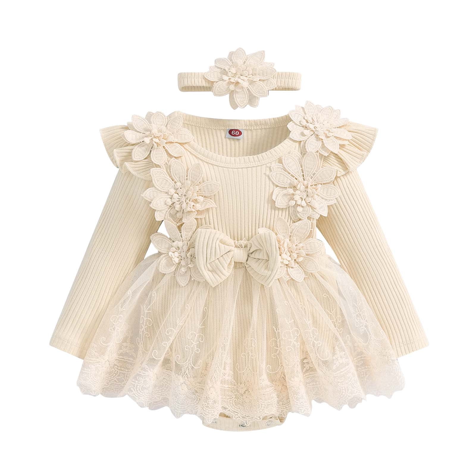 Baby Girl Floral Lace Trim Combo Bodysuit Dress With Headband
