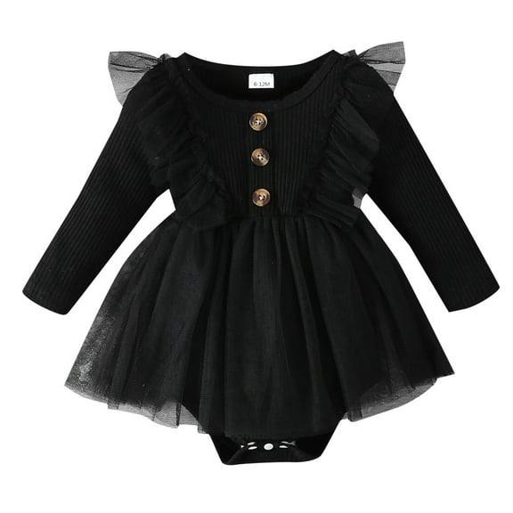 Rovga Baby Girl Clothes Solid Color Long Sleeve Dress Romper Bodysuit Outfits Clothes Classic Homewear Black 12-18 Months