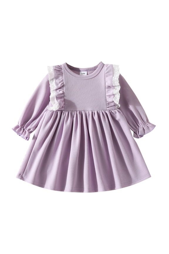 Baby Girl Dress 6-9 Months Toddler Winter Round Neck Solid Color Long Sleeve Ruffles Ribbed Lace Dress Adorable Girl Clothes