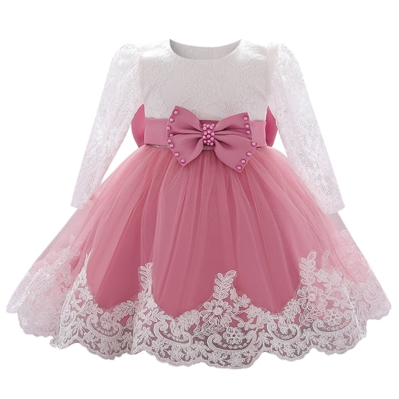 Rovga Baby Girls Ruffle Long Sleeve Lace Bowknot Flower Dresses Pageant Party Wedding Princess Dress Sundress