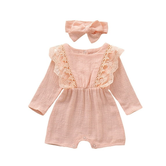 Rovga Baby Toddler Girls Clothes Solid Color Jumpsuit Round Neck Long Sleeve Romper Weekend Fall Winter Casual Girl Clothings Pink 12-18 Months