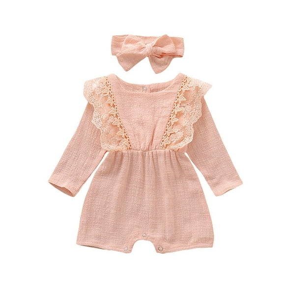 Rovga Baby Toddler Girls Clothes Solid Color Jumpsuit Round Neck Long Sleeve Romper Weekend Fall Winter Casual Girl Clothings Pink 12-18 Months