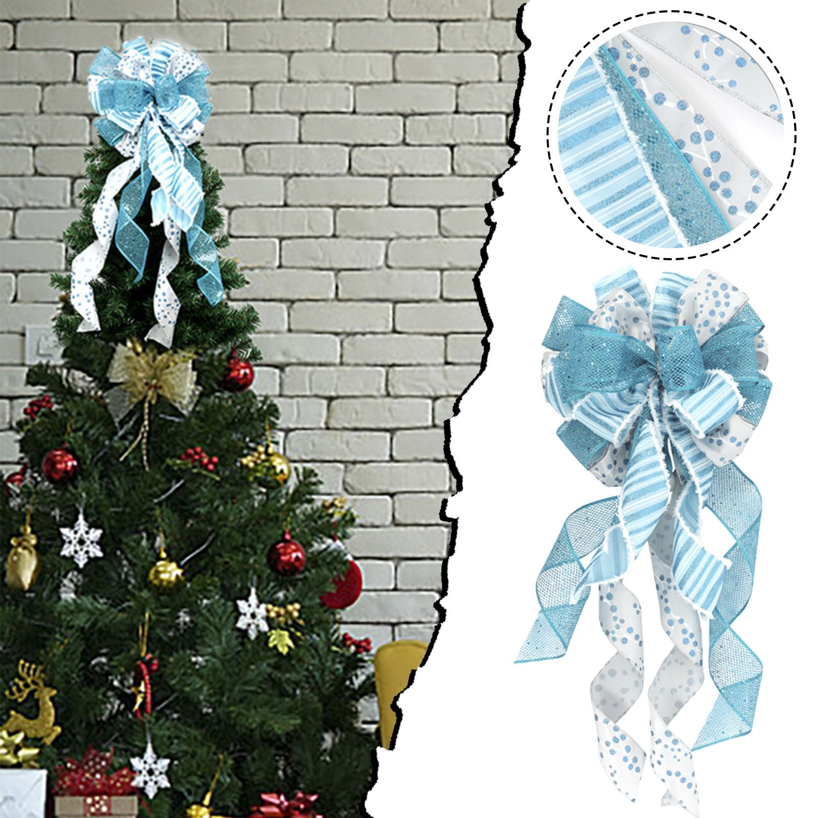 Rovga Blue Christmas Tree Topper Bow Gift With Long Streamers Wired ...