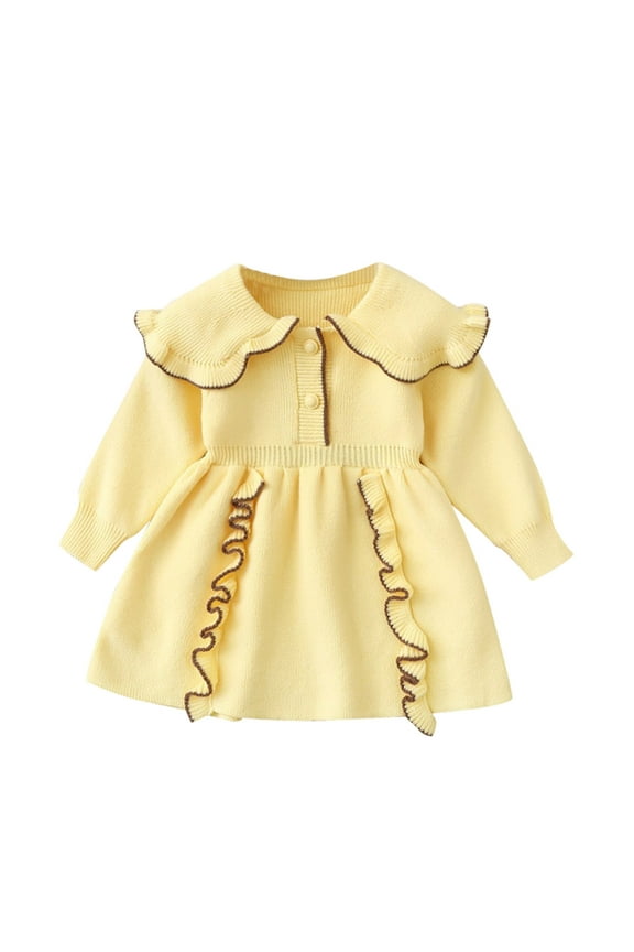 Boho Dress For Girls Long Sleeve Sundress Fashion Lapel Solid Color Outfits Sweater Dresses Fall Winter Girls Adorable Clothes Yellow 2-3 Years