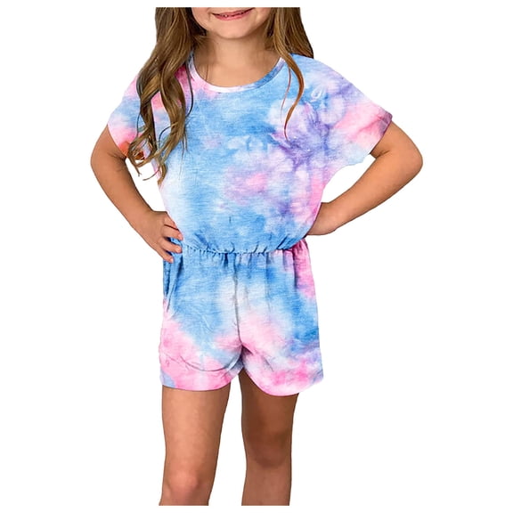 Rovga Child Kids Girl Onesies Short Sleeve Rainbow Tie-Dyed Printed Romper Jumpsuit