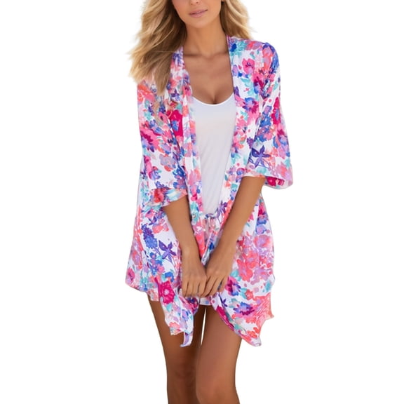 Rovga Cover Ups For Swimwear Women Long Sleeve Long Flowy Kimono Cardigans Boho Chiffon Floral Beach Cover Up Tops Xl Pink