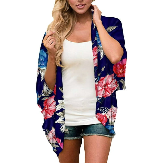 Rovga Cover Ups For Swimwear Women Short Sleeve Ladies Fashion Floral Print Chiffon Cardigan Loose Beach Wear Cover Up Blouse Top 2Xl Dark Blue