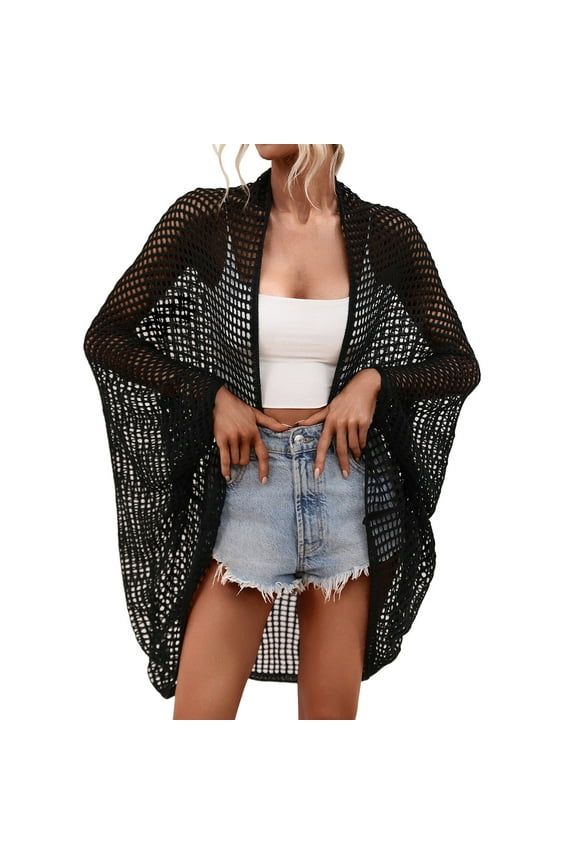 Cover Ups For Swimwear Women Solid Color Long Sleeve Swimsuit Beach Cover Up Loose Button Down Bikini Bathing Suit M Black