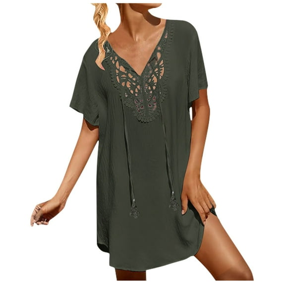 Rovga Cover Ups For Swimwear Women Solid Color Short Sleeve Swimsuit Coverup Lace Crochet V Neck Bathing Suit Cover Up Dress Beach Cover Ups 3Xl Green