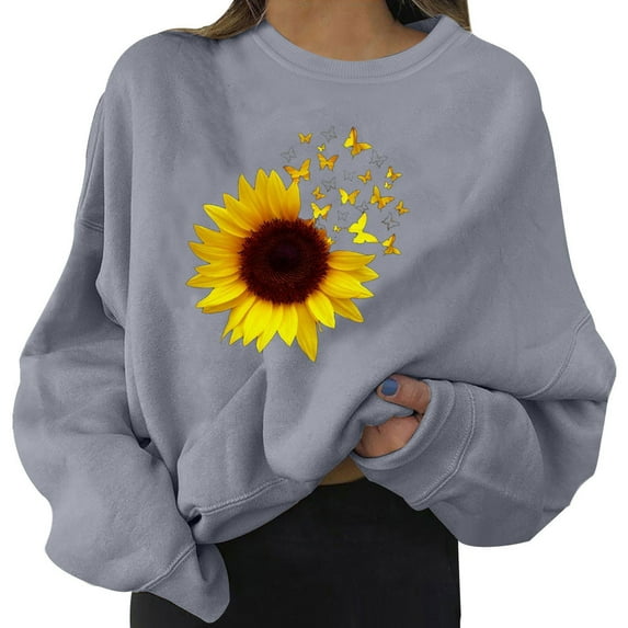 Rovga Cute Long Sleeve Women Sweatshirts Graphic T-Shirt Sweatshirts No Hood Casual Round Neck Sweatshirts Printed Loose Top