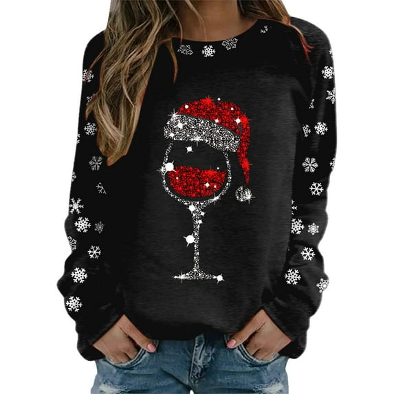 Rovga Cute Long Sleeve Women Sweatshirts Merry Christmas Print O Neck Round Neck Fit Pullover Tops Suitable Workout Shirts Loose Blouse