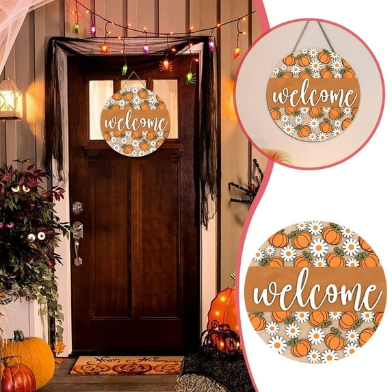 Rovga Halloween Decor Halloween Pumpkin Maple Leaf Wooden Door Sign Rustic Fall Decor For Home And Garden Ideal For Indoor Outdoor Brown 30X30X1