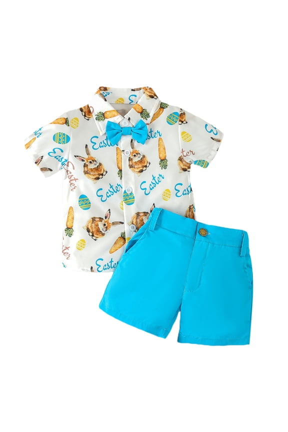 Easter Baby Boys Outfits 6-12 Months Summer Buny Print T Shirt And Shorts Set Round Neck Short Sleeve Round Neck Sleepwear Soft Playsuit Blue