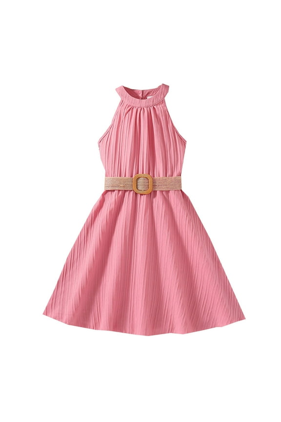 Easter Dresses For Girls Children Dress Spring Summer Solid Color Halter Casual Dress With Belt 7-8 Years