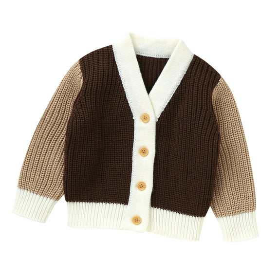 Rovga Fall Sweaters For Boys Girls 2024 Baby Toddler Kids Patchwork Long Sleeve V Neck Sweaters Warm Jacket Cotton Knit Cardigan Button Closure Coat Outwear Comfy Tops 9-12 Months Brown