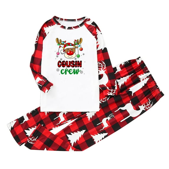 Rovga Family Christmas Pajamas Matching Sets Sleepwear For Christmas Cute Big Headed Print Pjs Plaid Long Sleeve Tops And Pants Soft Casusal Holiday Top T Shirt Sleepwear Trousers (Kid)
