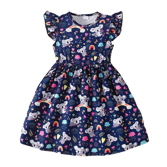 Rovga Flower Girl Dress 5-6 Years Sleeveless Dresses Round Neck Floral Graphic Sundress Soft Daily Wear Navy
