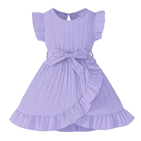 Rovga Flower Girl Dress 5-6 Years Sleeveless O Neck Dresses Solid Color Sundress Adjustable Waist Belt Dress Soft Playsuit