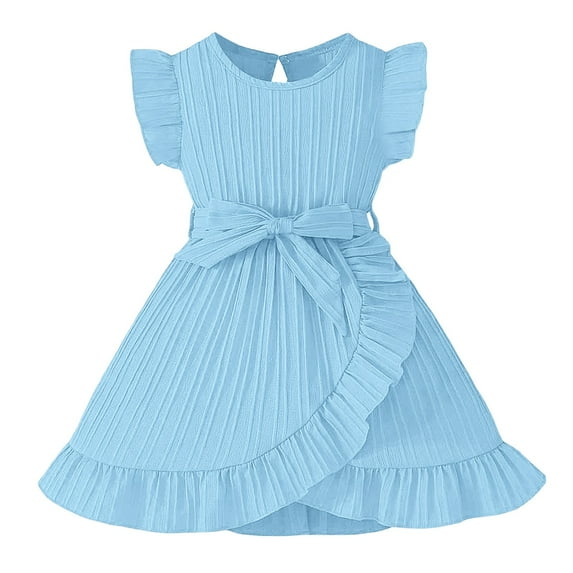 Rovga Flower Girl Dress 6-7 Years Sleeveless O Neck Dresses Solid Color Sundress Adjustable Waist Belt Dress Elegance Daily Wear Sky Blue