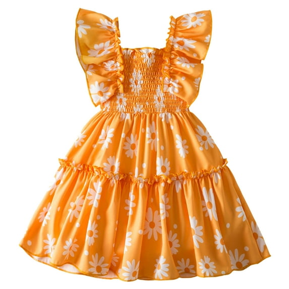 Rovga Flower Girl Dress 6-7 Years Sleeveless Round Neck Dresses Solid Color Floral Prints Sundress Adorable Playsuit Orange