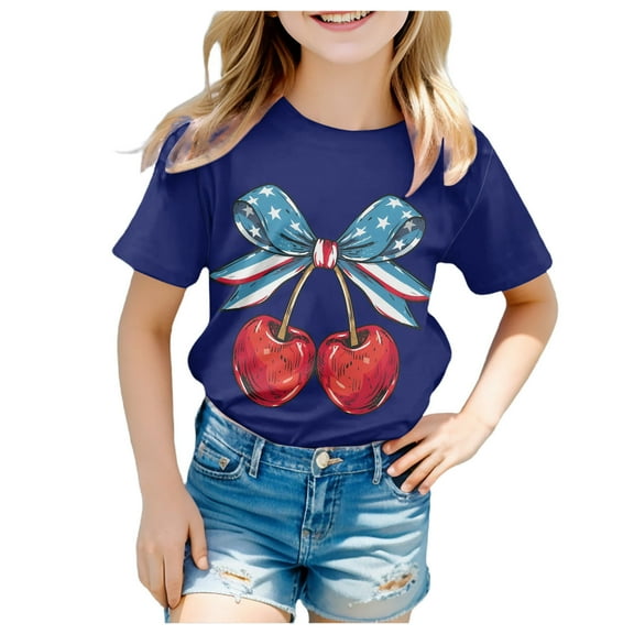 Rovga Girl Summer T Shirt Cherry Prints Round Neck Short Sleeve Tee Summer Trend Tops Holiday Comfortable Clothes Blue 10-11 Years