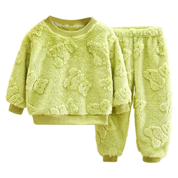 Rovga Girls Clothes Children'S Baby Solid Color Long Sleeve Pajamas Jacquard Homewear Fuzzy Warm Two Piece Set Relax Fit Daily Outfits Green 7-8 Years