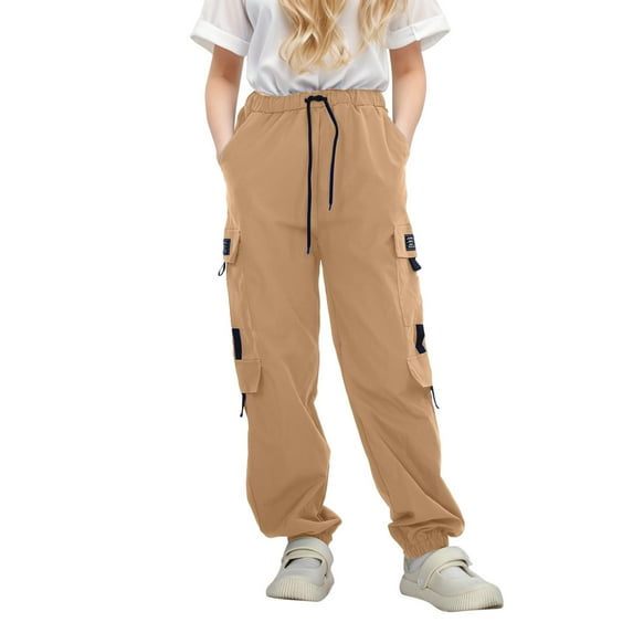 Rovga Girls Clothes Summer Straight Leg Solid Color Leggings Relax Fit Casual Trousers Jogger Pants Athletic Basic Pants 7-8 Years Khaki