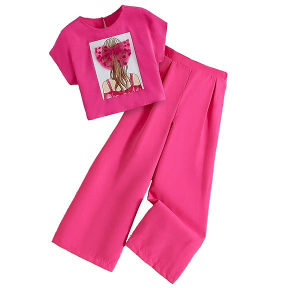 Rovga Girls Clothing Leisure Round Neck Short Sleeve Clothes Set Solid Color Wide Leg Pants Outfits Photograph Playsuit 7-8 Years Hot Pink