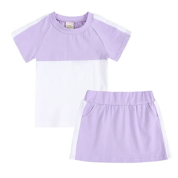 Rovga Girls Clothing Solid Color Clothes Set Leisure Round Neck Short Sleeve Outfits Sleepwear Photograph Playsuit 5-6 Years Purple