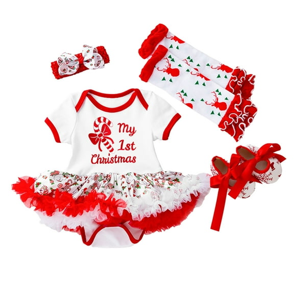 Rovga Girls Outfit Set Kids Christmas Romper Jumpsuit Hairband Socks Shoes Set Cloths For 0-3 Months
