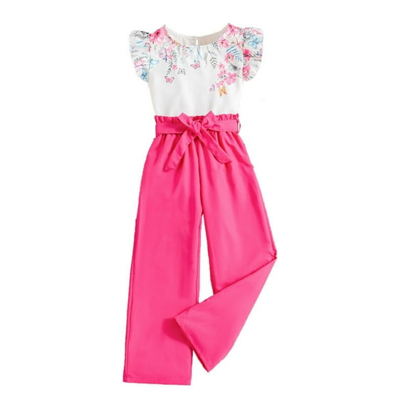 Rovga Girls Outfits 11-12 Years Round Neck Sleeveless Outfits Solid Color Floral Prints Flying Sleeve Top And Pants Suit Casual Wear Hot Pink