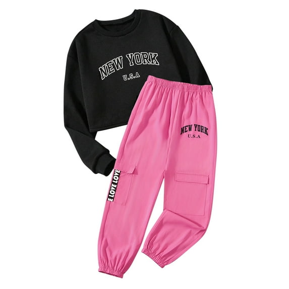 Rovga Girls Outfits City Letter Printed Round Neck Long Sleeve Cargo Pants Casual Fashion Solid Color Suit Black Sweet Homewear 5-6 Years