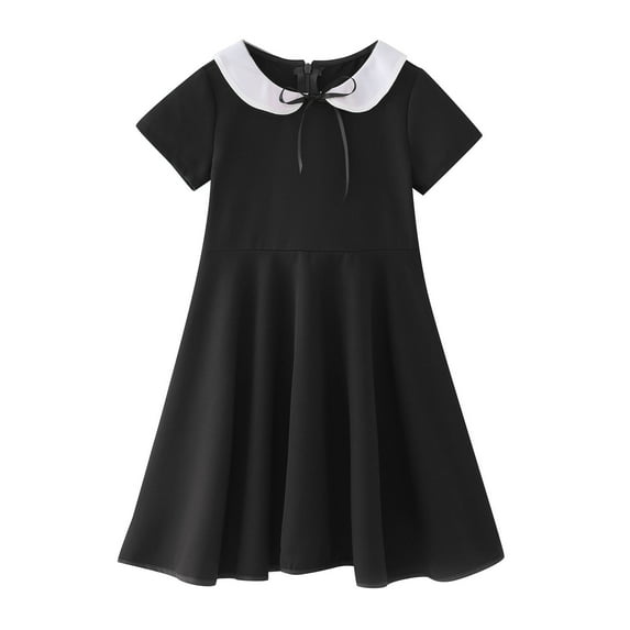 Rovga Girls Summer Dresses Spring Summer Solid Color Floral Print Short Sleeve Round Neck Sundress Black Adorable Outwear 2-3 Years