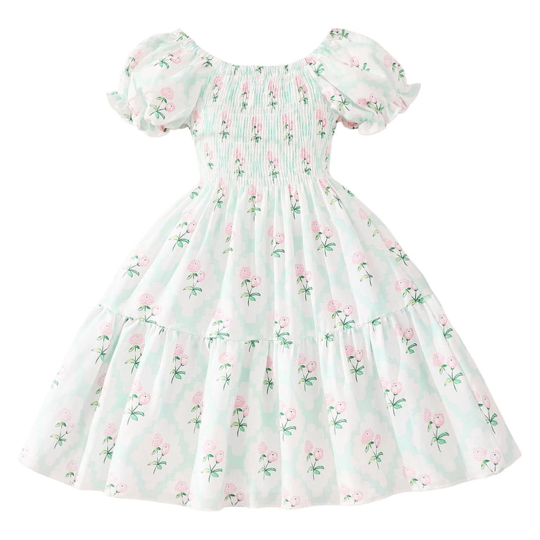 Rovga Girls Summer Dresses Toddler Girls Short Pearl Sleeves Colorful Floral Prints Party Dresses Clothes Green Adorable Outwear 3-4 Years