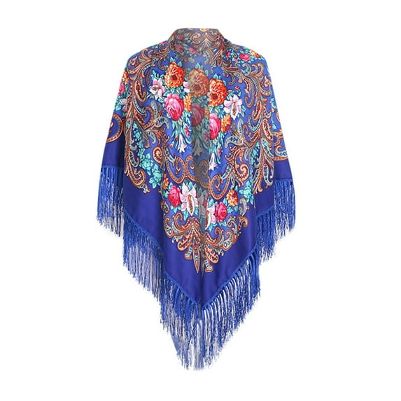 Rovga Hair Scarf For Women Lady Light Soft Fashion Folk Floral Print Tassel Square Scarf Wrap Shawl Travel Scarvesummer Gift Blue