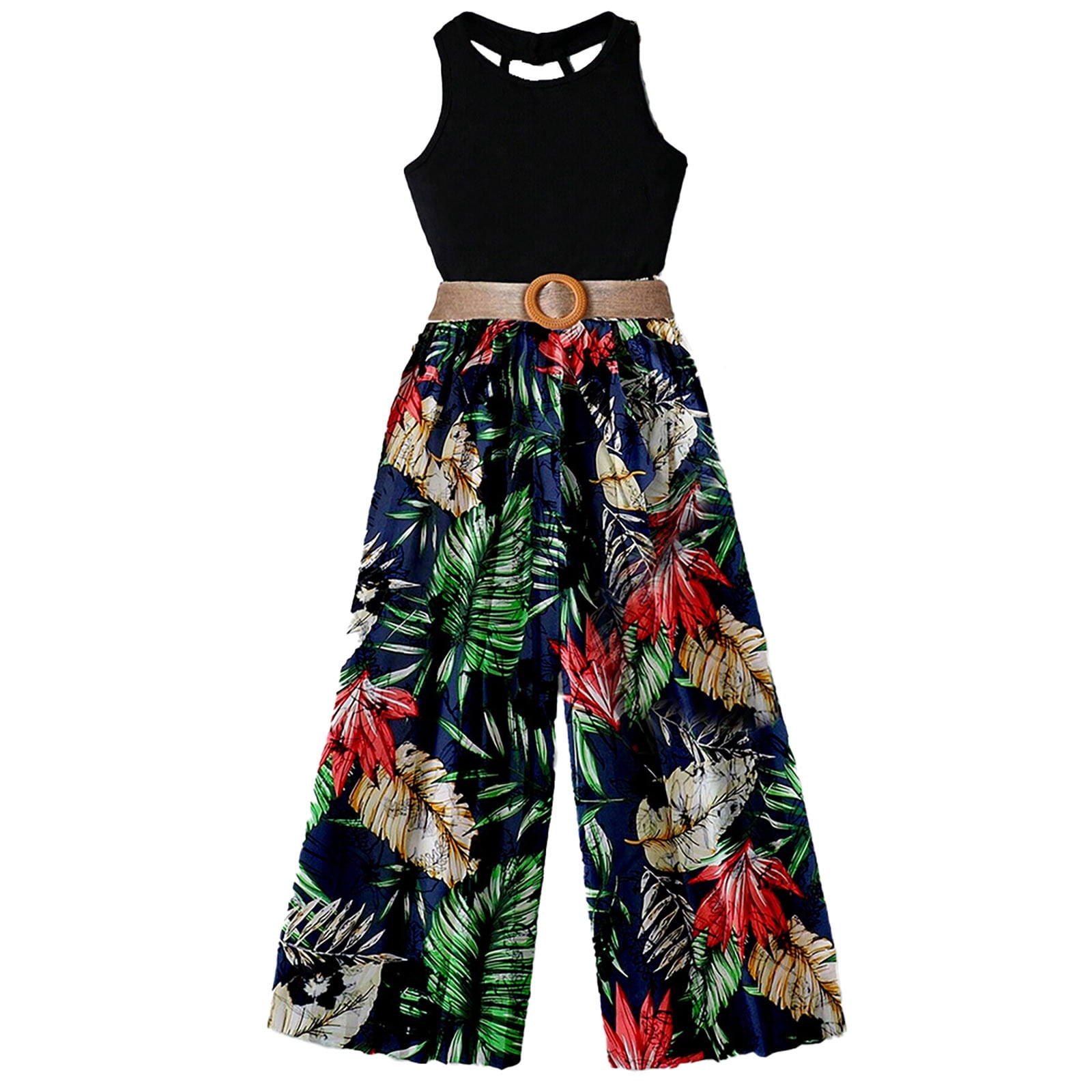 Rovga Kid Clothing For Girls Floral Prints Clothes Set Round Neck Sleeveless Outfits Wide Leg Pants Fashion Photograph Playsuit 7-8 Years Red
