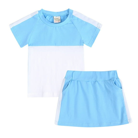 Rovga Kid Clothing For Girls Short Sleeve Round Neck Clothes Set Solid Color Sleepwear Outfits Adorable Weekend Daily Wear 5-6 Years Blue