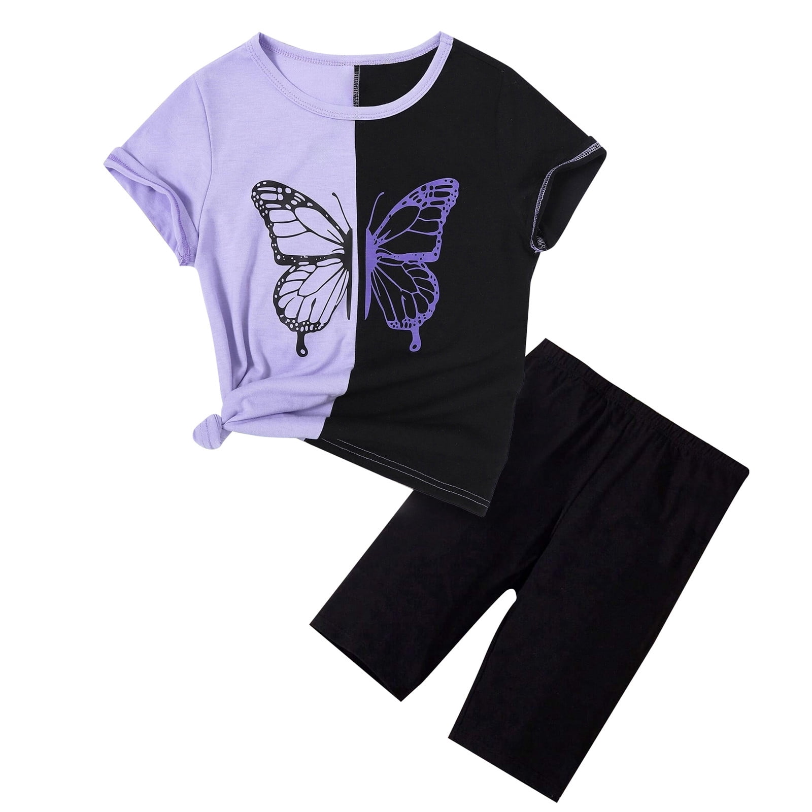 Rovga Kid Girls Clothing Butterfly Prints Clothes Set Elegance Round Neck Short Sleeve Outfits Soft Shorts Photograph Playsuit 7-8 Years Purple